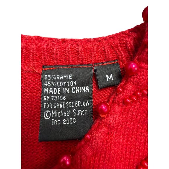 Michael Simon Red Cotton Cardigan Beaded Sequin Hearts Embellished Details Sz M - Picture 9 of 11